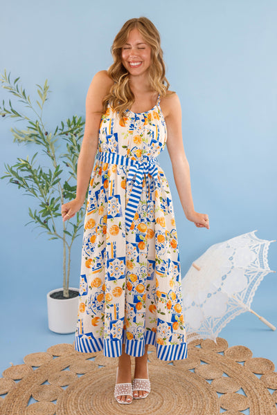 Women's Blue and White Lemon Dress- Women's European Summer Maxi- Lemon Print Long Dress