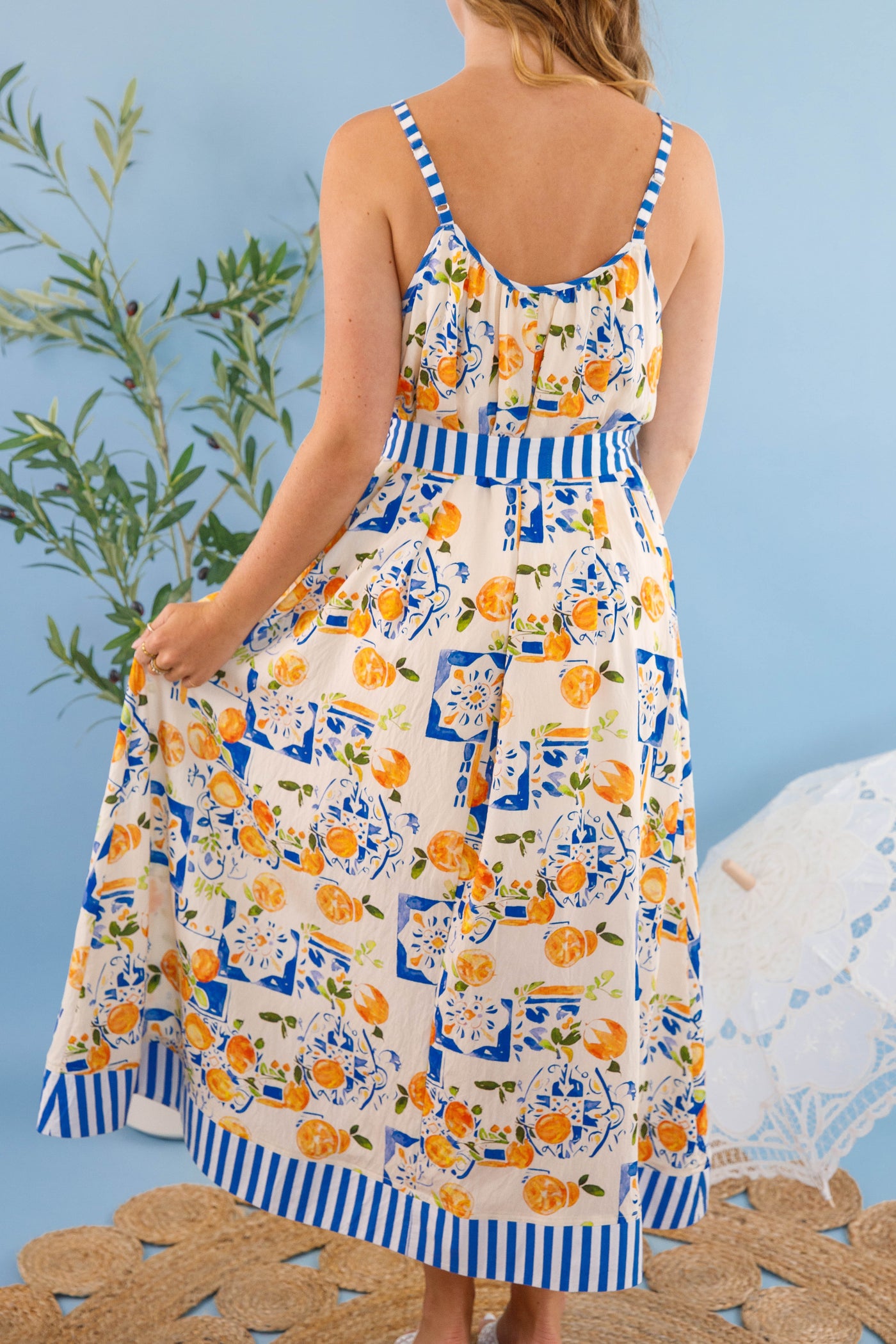 Women's Blue and White Lemon Dress- Women's European Summer Maxi- Lemon Print Long Dress
