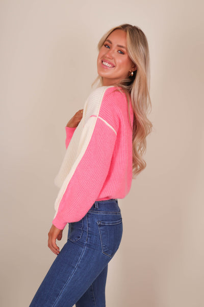 Women's Cozy Ribbed Sweater- Women's Pink Colorblock Sweater- Preppy Sweaters
