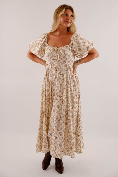 Women's Neutral Print Midi Dress- Puffed Sleeve Midi Dress- Million Colors Porcelain Print Dress 