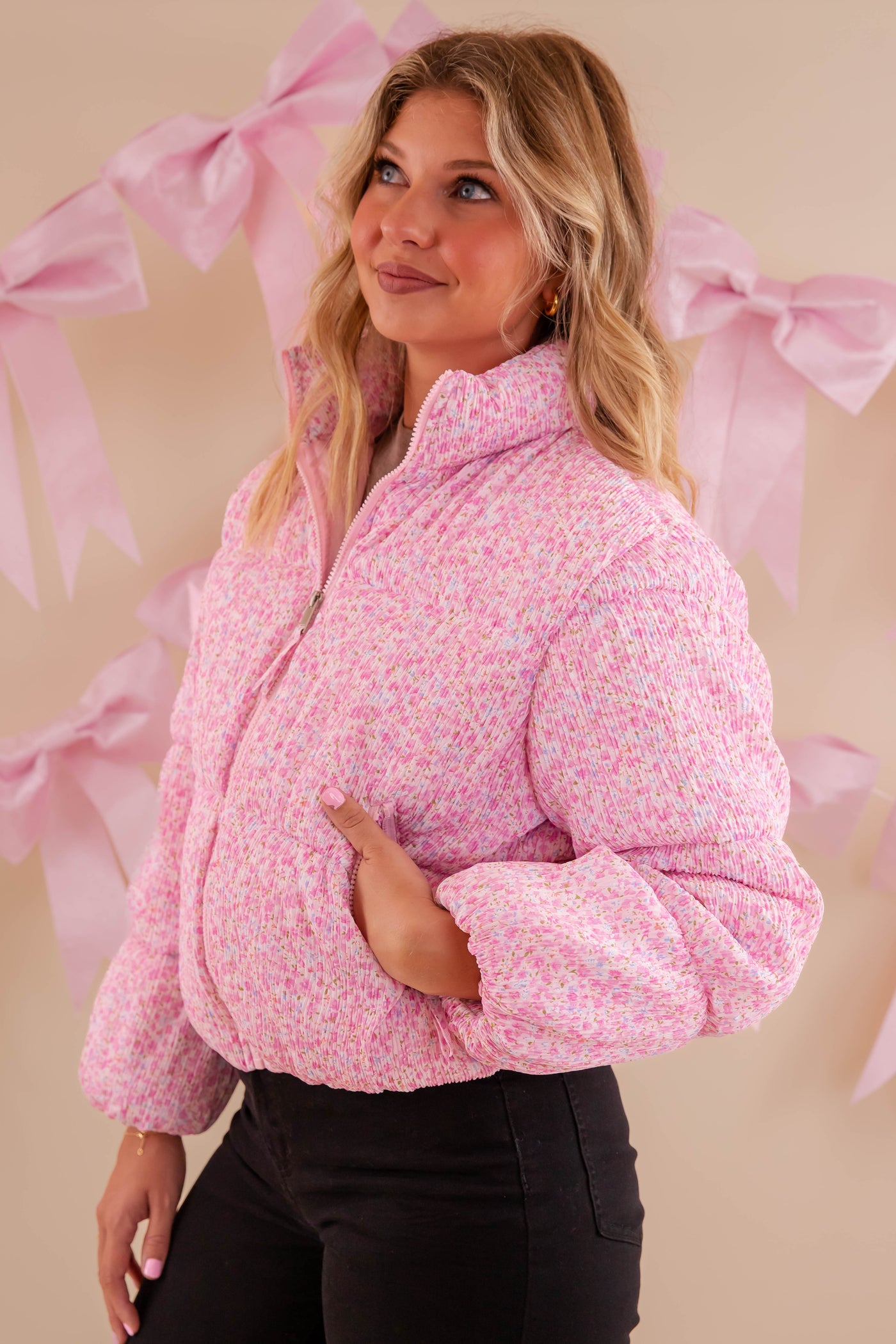 Pink Floral Puffer Jacket- Women's Preppy Floral Puffer Coat- TCEC Floral Puffer Jacket