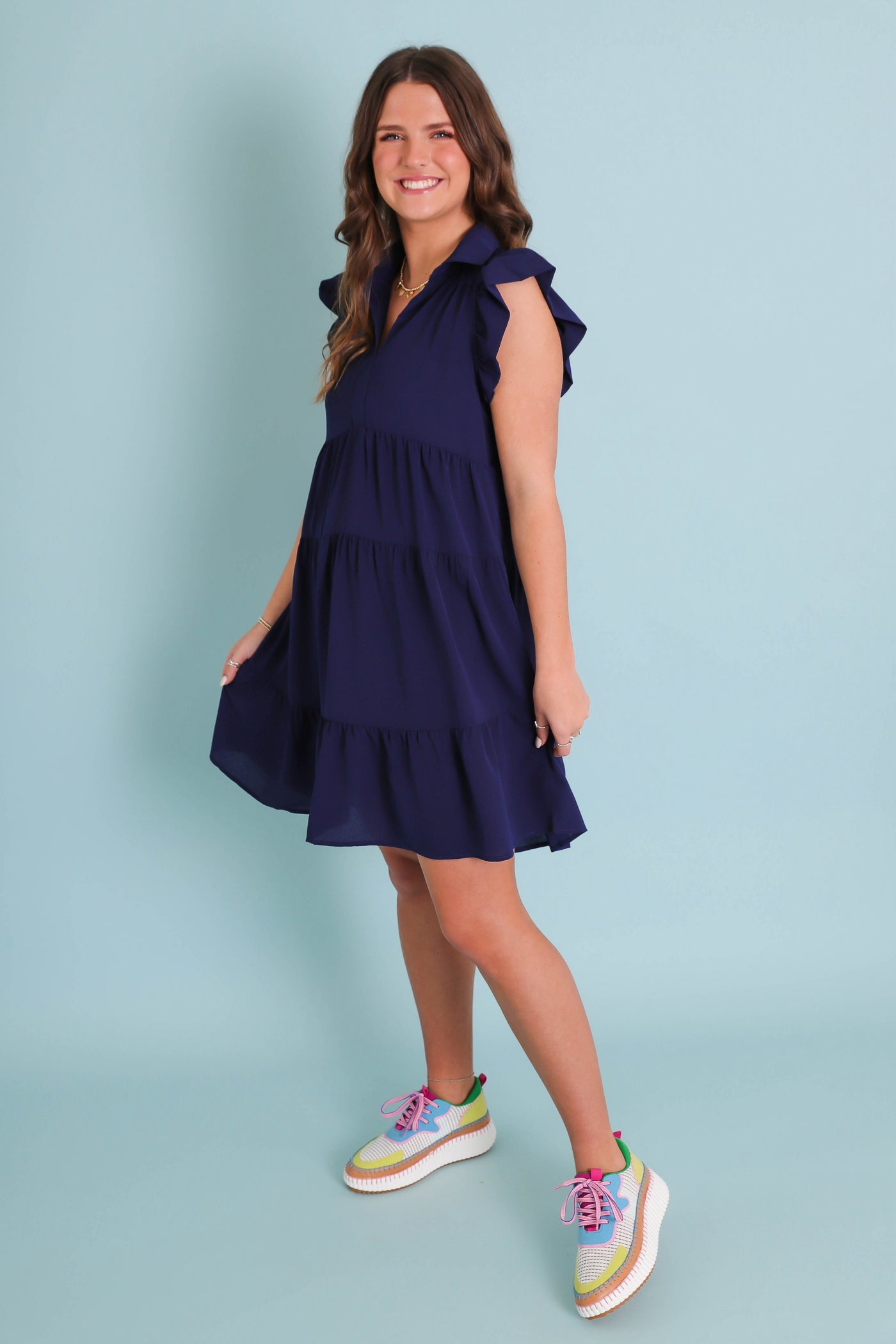 Solid Navy Dress For Women- Flutter Sleeve Navy Dress- Umgee Dresses