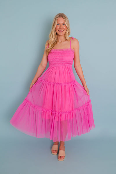 Hot Pink Tulle Midi Dress- Women's Long Tulle Dress- &Merci Dresses