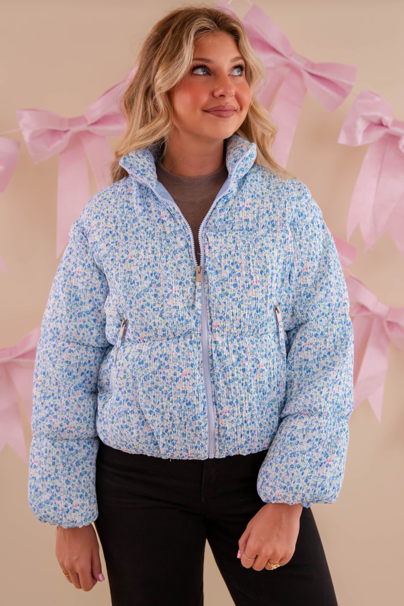 Blue Floral Puffer Jacket- Women's Preppy Floral Puffer Coat- TCEC Floral Puffer Jacket
