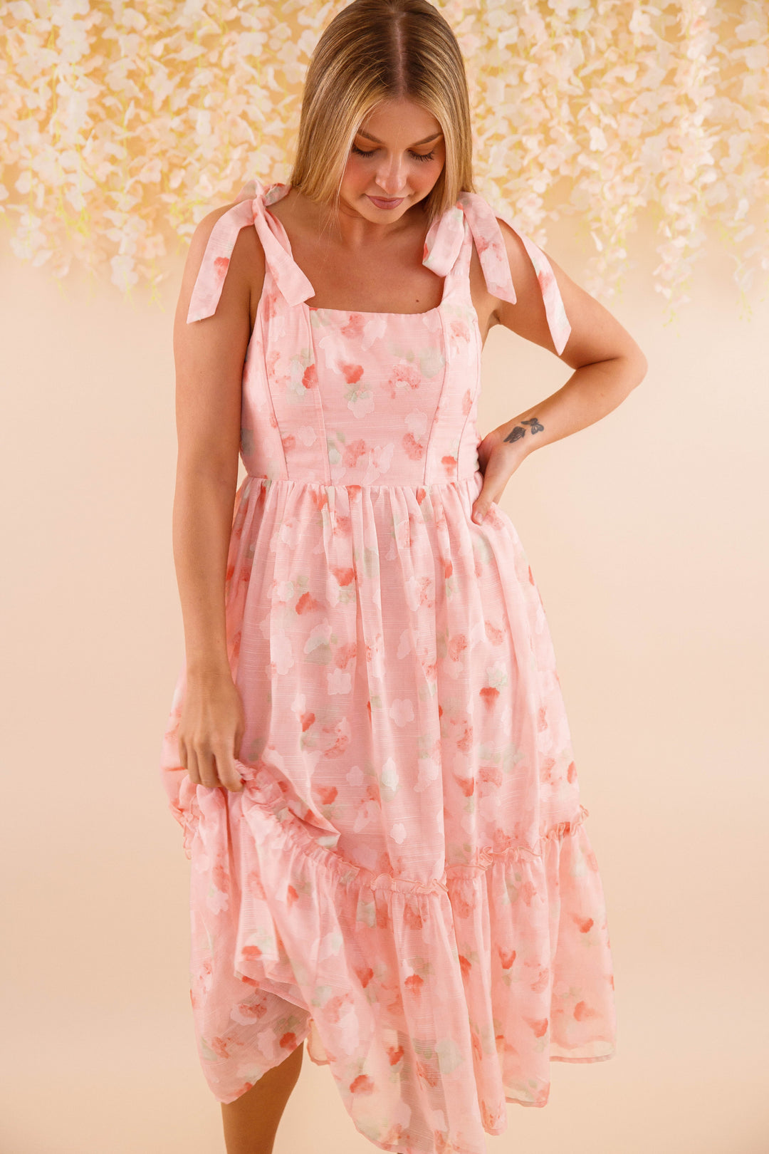 open lace back dress Pink Satin Long Prom Dress with Bow, One Shoulder Formal Evening Dress