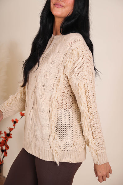 Women's Cable Knit Sweater with Fringe- Light Weight Fringe Sweater- And The Why Sweater