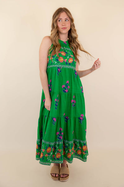 Women's High Neck Green Print Dress- THML Midi Dress- Women's Vacation Dresses