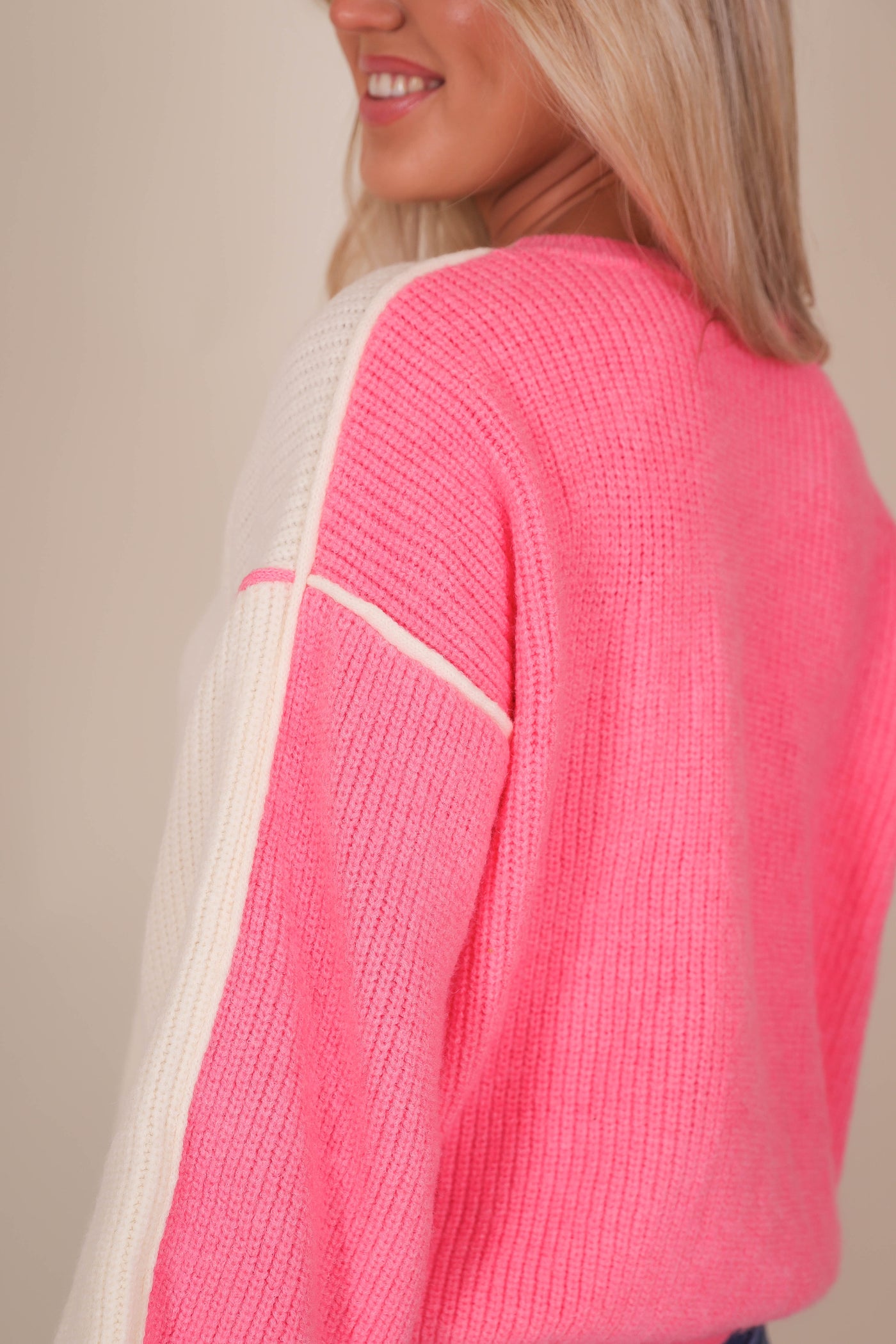 Women's Cozy Ribbed Sweater- Women's Pink Colorblock Sweater- Preppy Sweaters