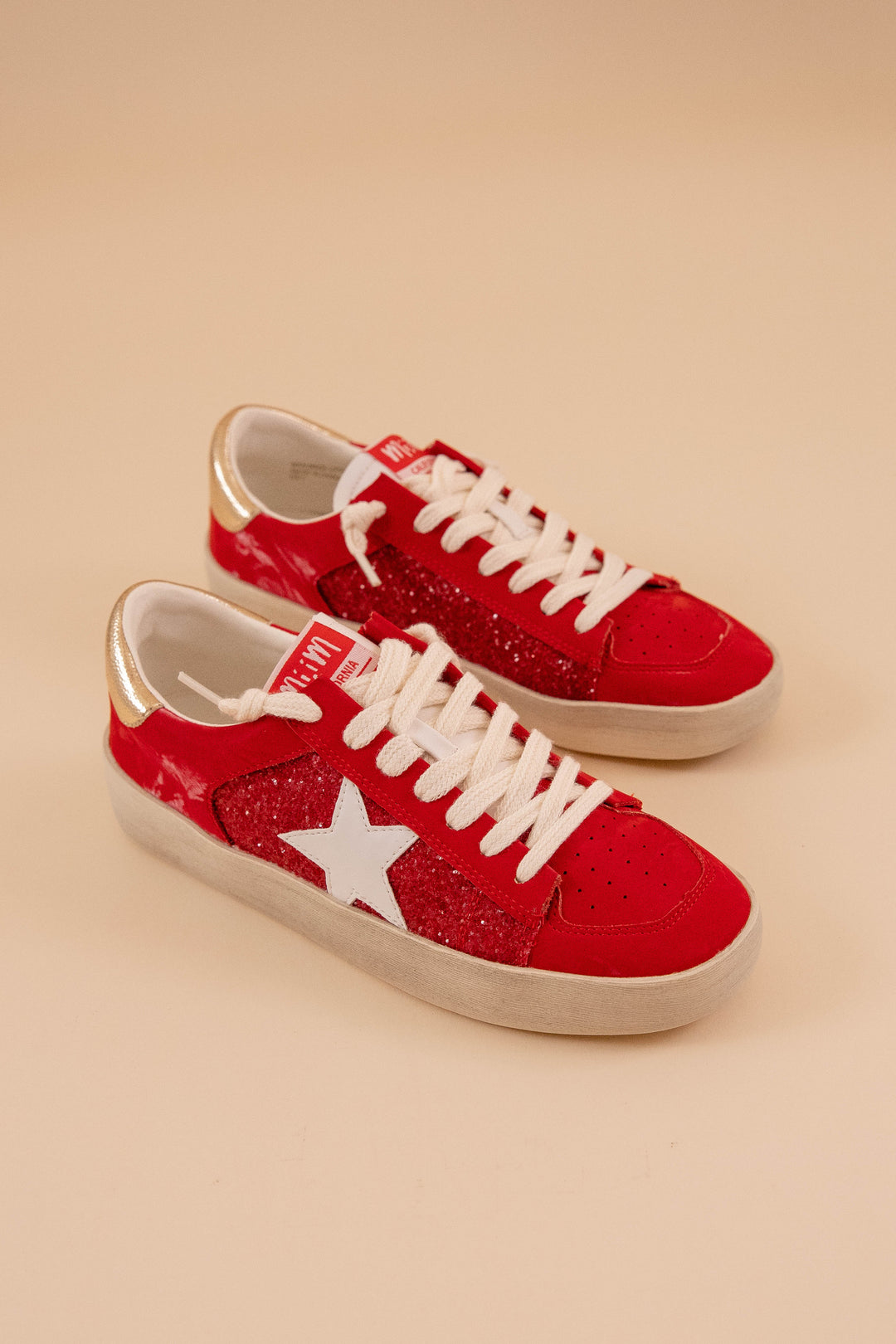 Trendy Star Sneakers- Women's Red Glitter Distressed Sneakers