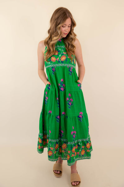 Women's High Neck Green Print Dress- THML Midi Dress- Women's Vacation Dresses