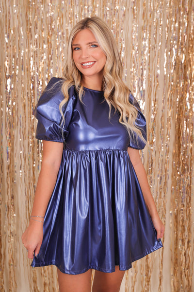 Women's Blue Metallic Dress- Faux Leather Blue Dress- Day + Moon Dress