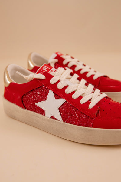 Trendy Star Sneakers- Women's Red Glitter Distressed Sneakers- MiiM Sneakers