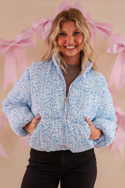 Blue Floral Puffer Jacket- Women's Preppy Floral Puffer Coat- TCEC Floral Puffer Jacket