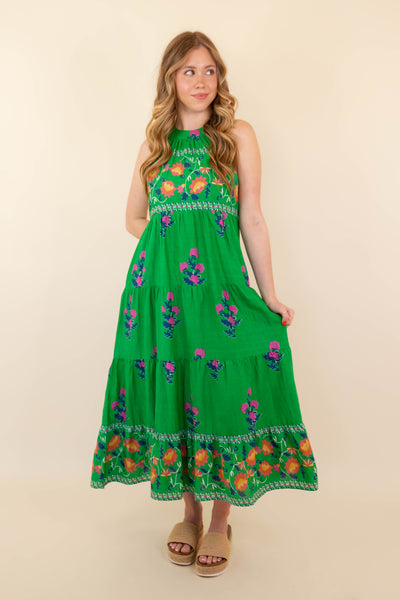 Women's High Neck Green Print Dress- THML Midi Dress- Women's Vacation Dresses