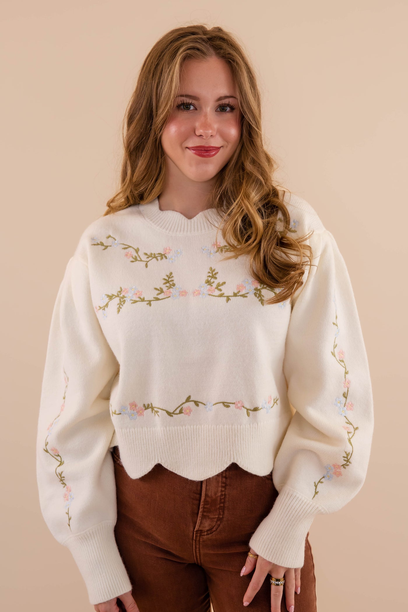 Floral Embroidered Sweater- Scalloped Floral Sweater- Mable Floral Sweater 