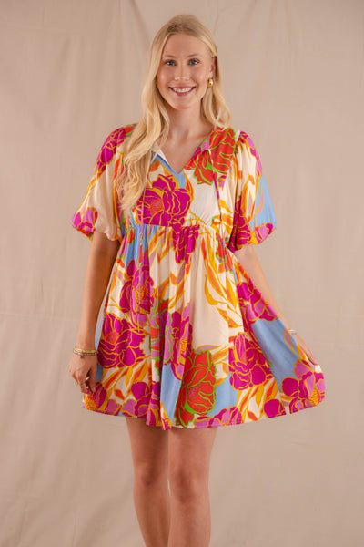 Women's Large Floral Print Dress- Women's Boho Mini Dress