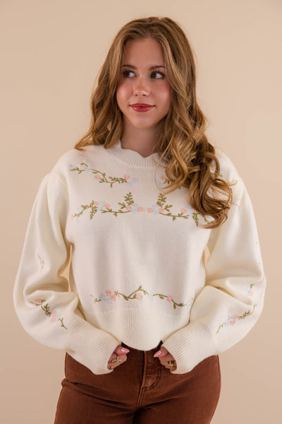 Floral Embroidered Sweater- Scalloped Floral Sweater- Mable Floral Sweater 