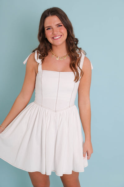 White Denim Mini Dress- Coastal Cowgirl Dresses- Women's White Mini Dress