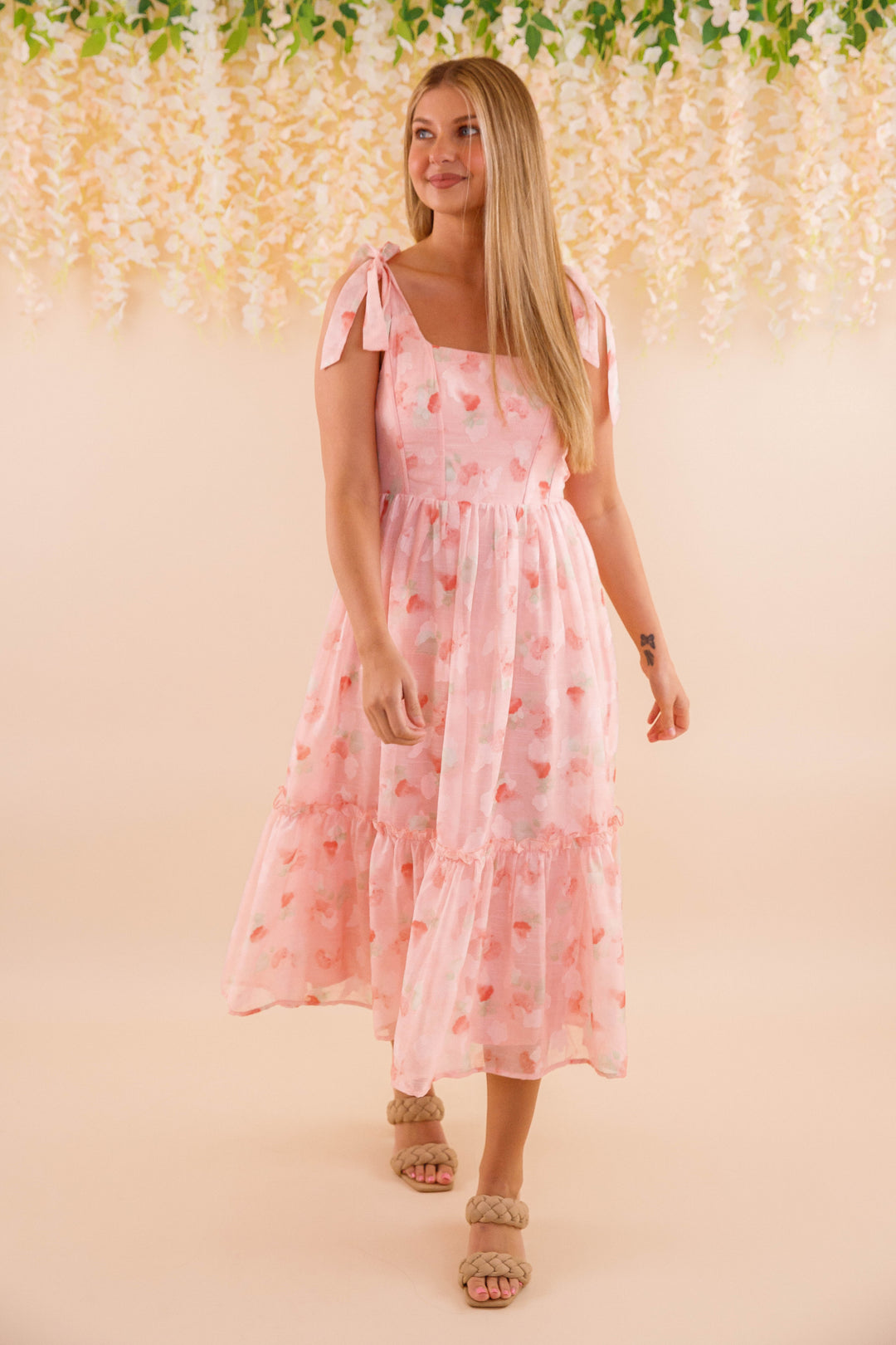 pink corset dress midi Lace & Beads tulle corset midi dress in pink floral