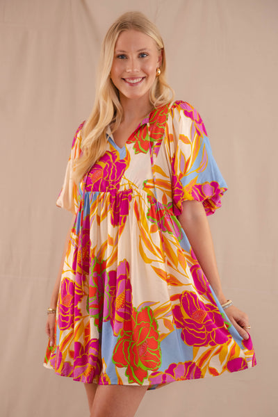 Women's Large Floral Print Dress- Women's Boho Mini Dress