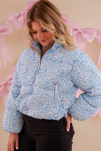 Blue Floral Puffer Jacket- Women's Preppy Floral Puffer Coat- TCEC Floral Puffer Jacket