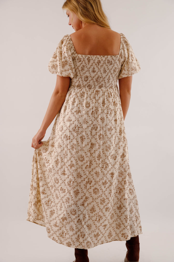 Women's Neutral Print Midi Dress- Puffed Sleeve Midi Dress
