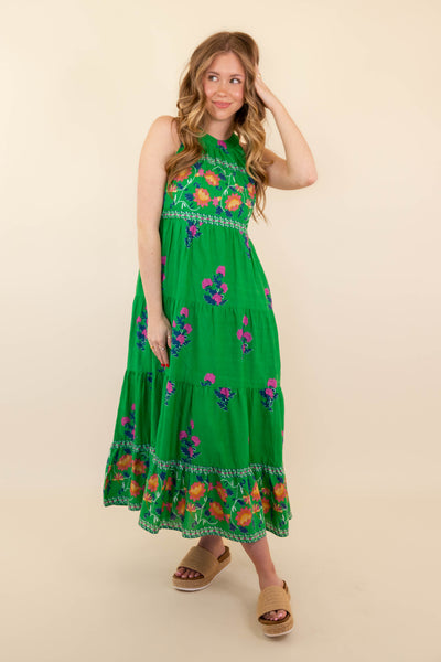 Women's High Neck Green Print Dress- THML Midi Dress- Women's Vacation Dresses