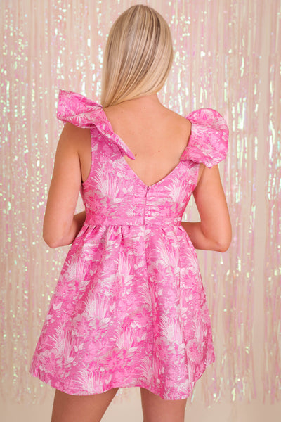 Women's Pretty Pink Dress- Women's Pink Bow Dress- Metallic Jacquard Dress