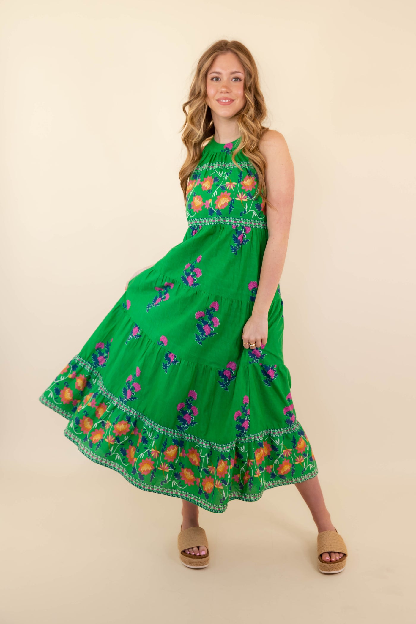 Women's High Neck Green Print Dress- THML Midi Dress- Women's Vacation Dresses