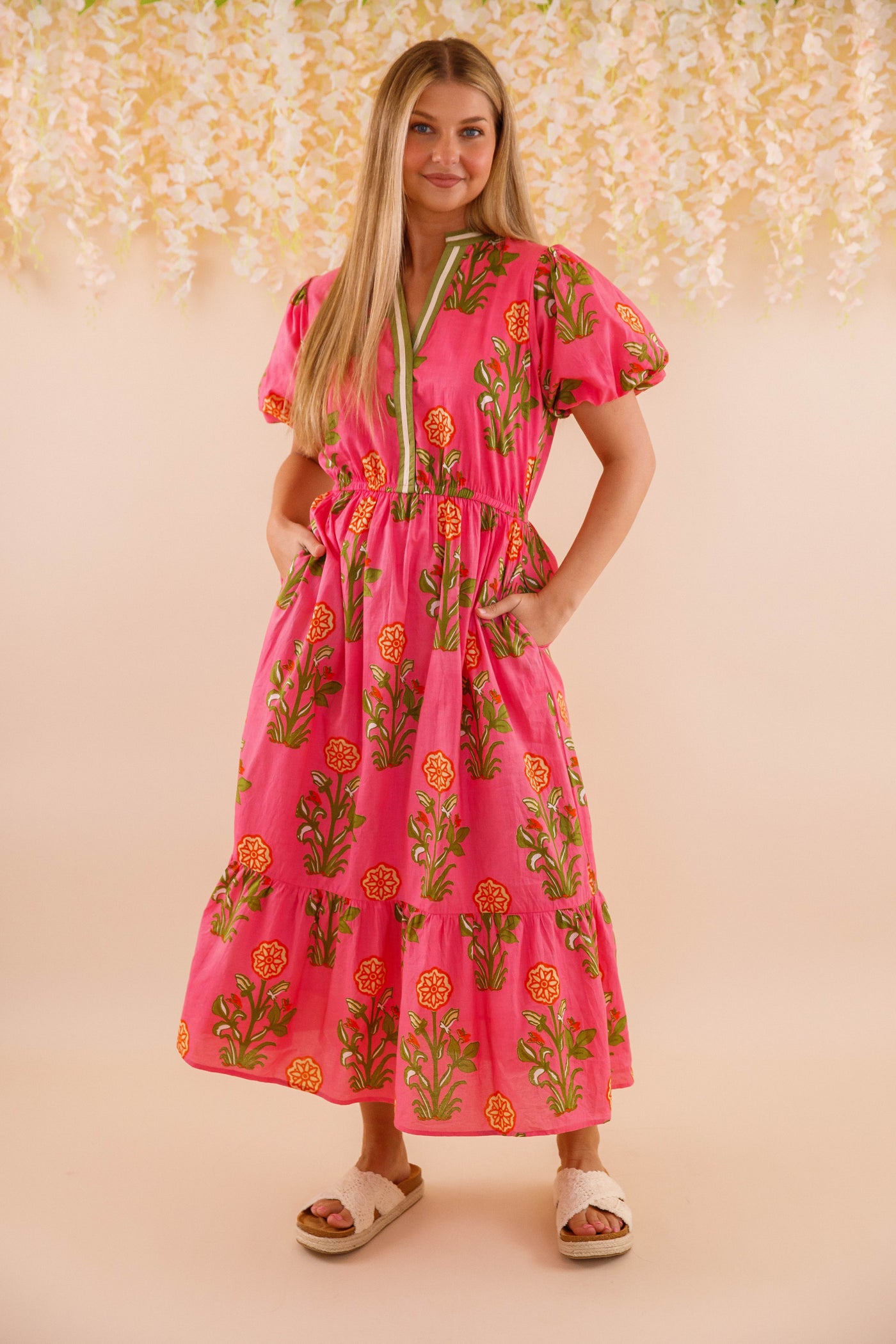 Women's Hot Pink Printed Dress- THML Midi Dress- Women's Anthro Midi Dress