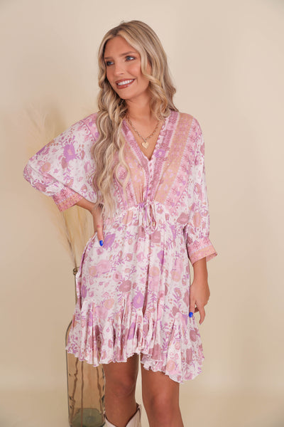 Flowy Fun Lilac Dress- Floral Print Dress- Mini Dresses- Aakaa Dress