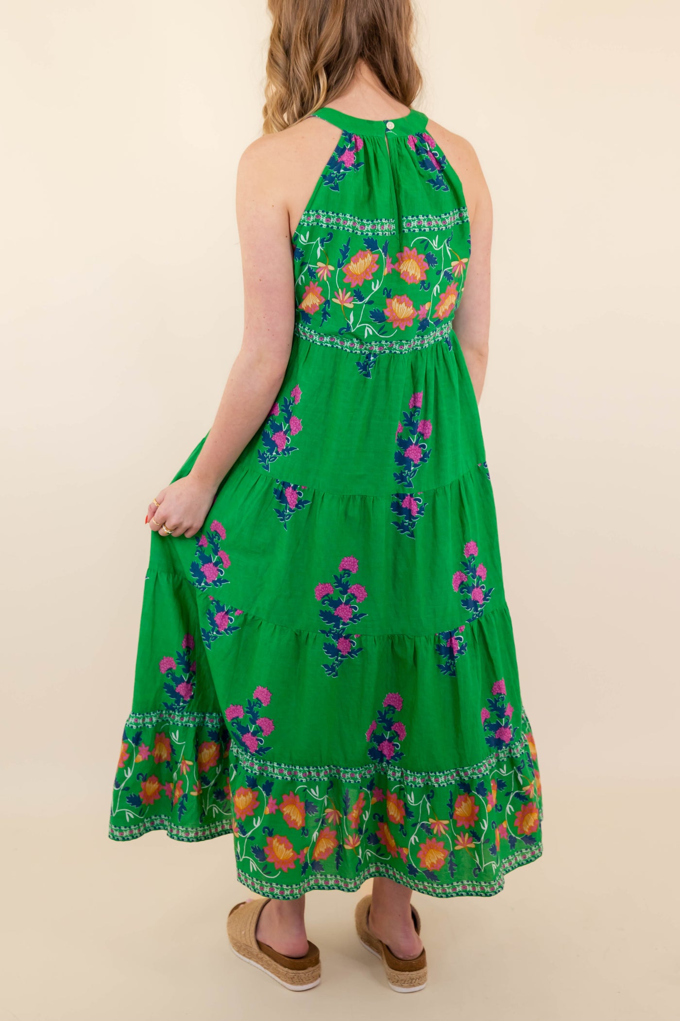 Women's High Neck Green Print Dress- THML Midi Dress- Women's Vacation Dresses