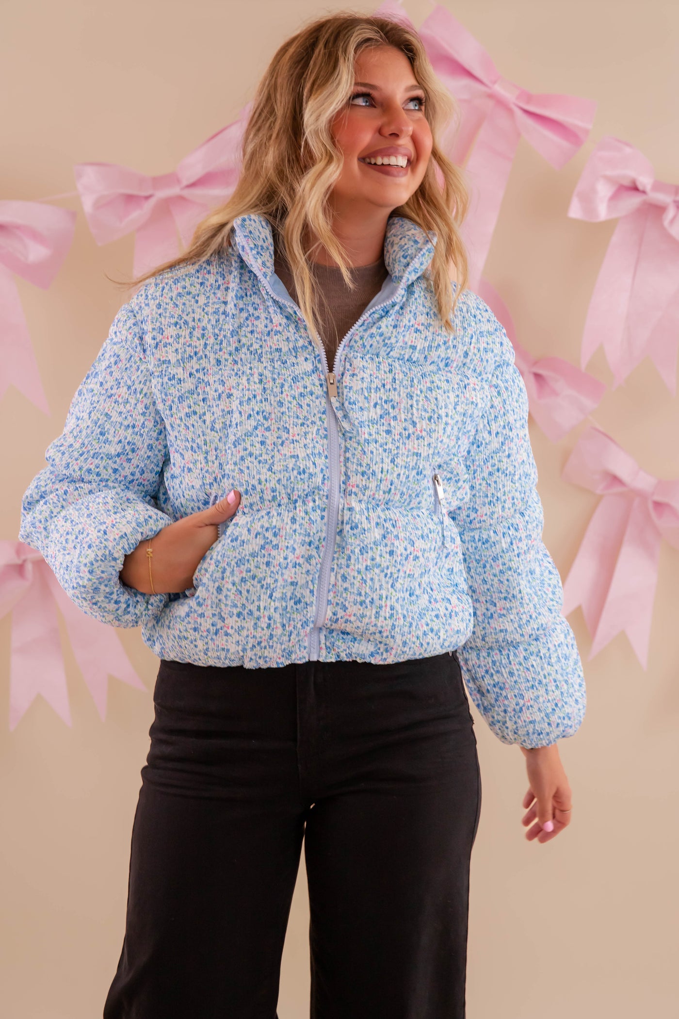 Blue Floral Puffer Jacket- Women's Preppy Floral Puffer Coat- TCEC Floral Puffer Jacket