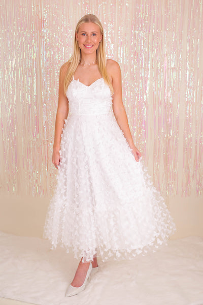 White 3D Butterfly Midi Dress- Women's Butterfly Dress- Mable Tulle Dress