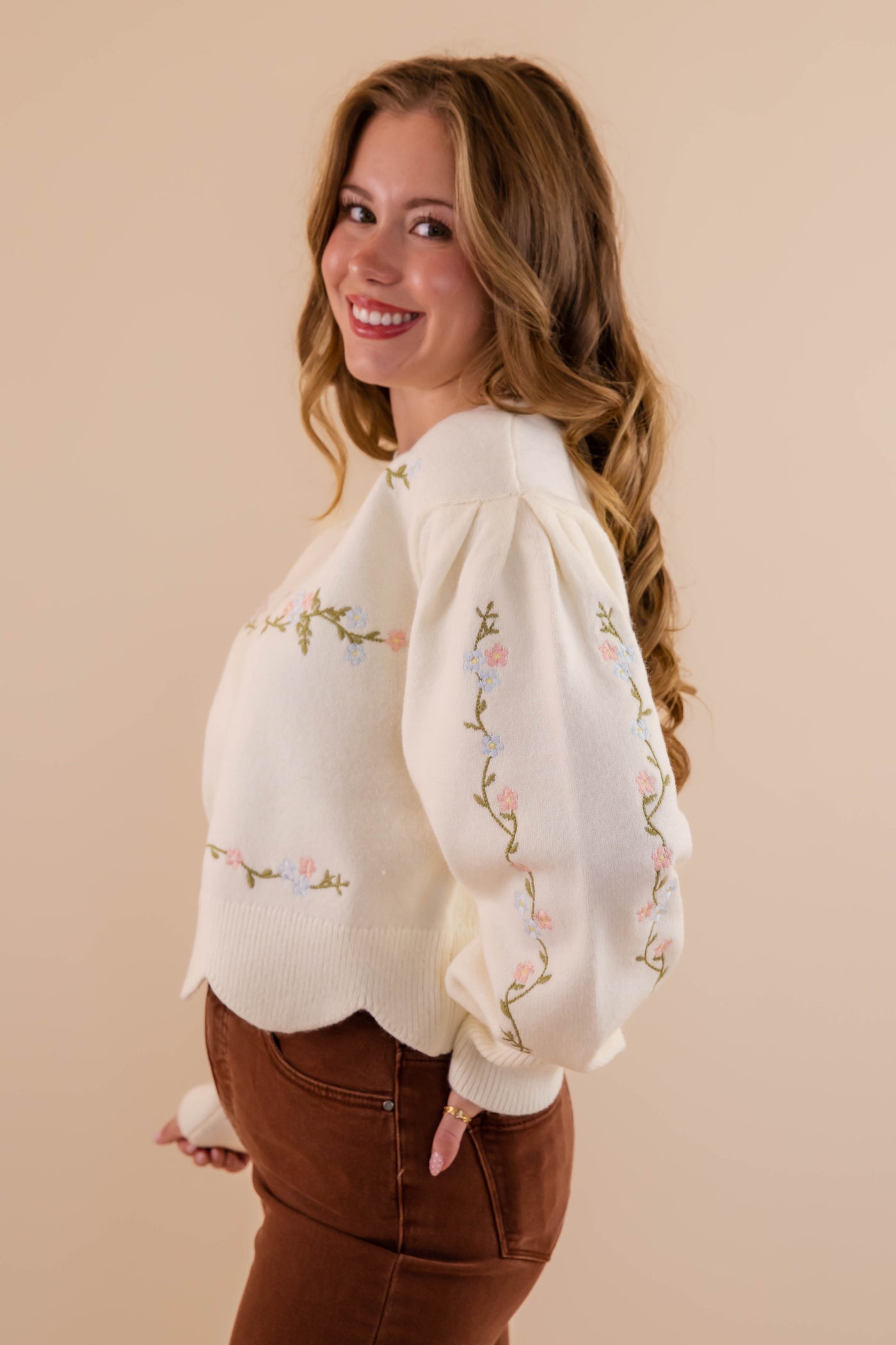 Floral Embroidered Sweater- Scalloped Floral Sweater- Mable Floral Sweater 