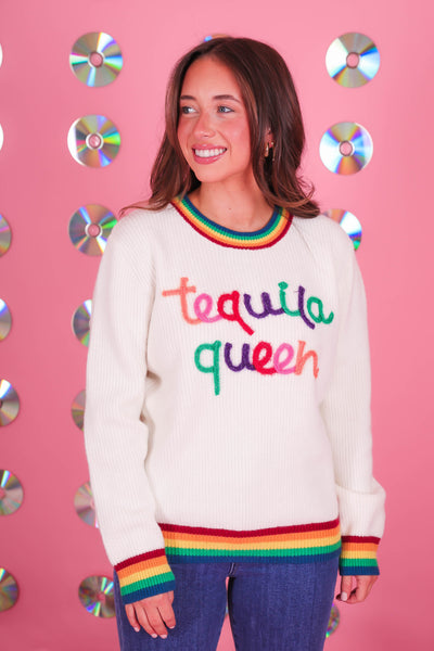 Women's Tequila Queen Sweater- Sparkle Rainbow Tequila Sweater- Main Strip Rainbow Sweater