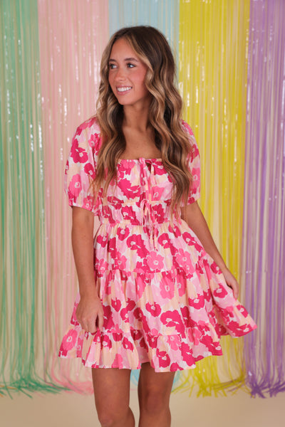 Floral Print Tiered Mini Dress- Women's Pink Floral Dress- &Merci Dresses