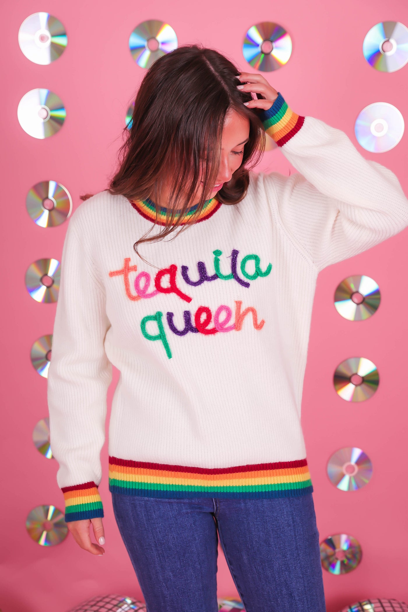 Women's Tequila Queen Sweater- Sparkle Rainbow Tequila Sweater- Main Strip Rainbow Sweater