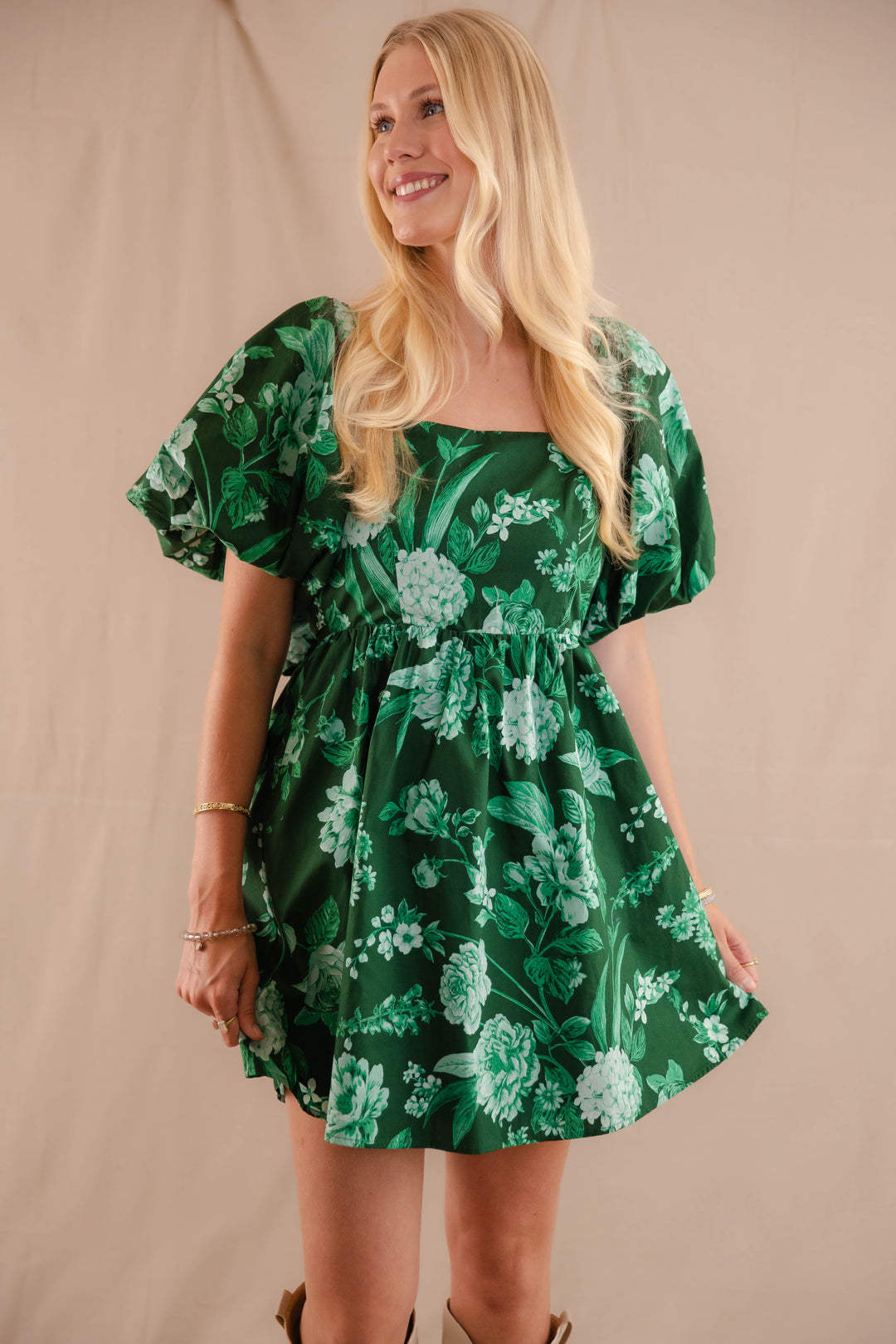 Puff Sleeve Babydoll Mini Dress- Women's Emerald Green