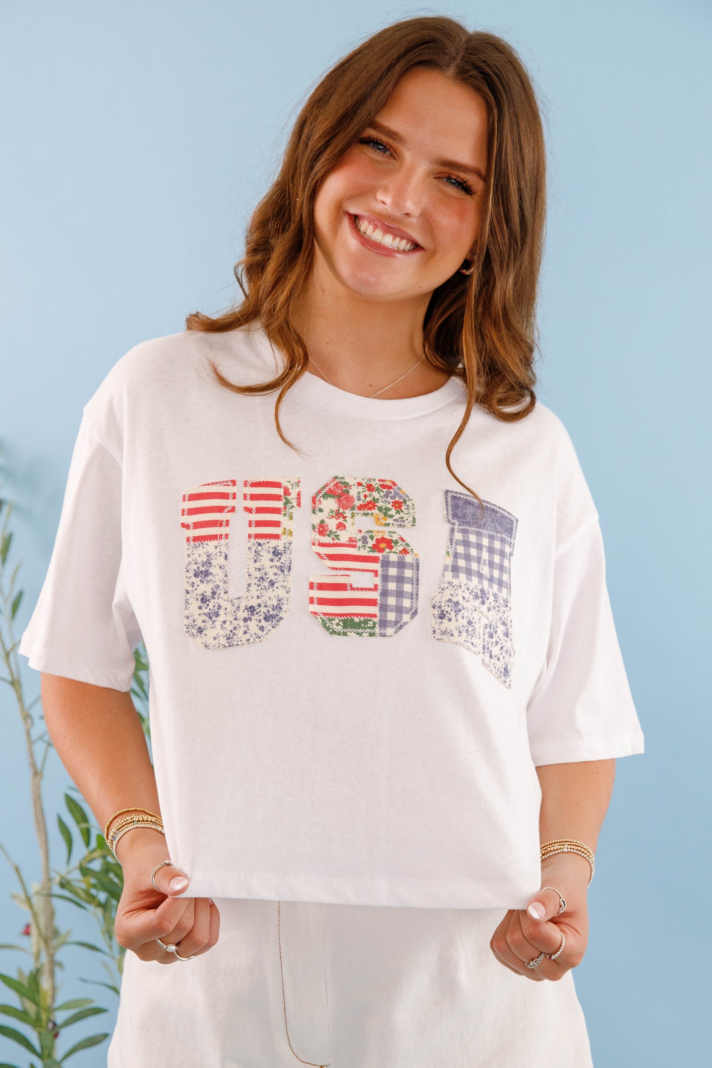 Women's USA Cropped Patch T-Shirt- USA Patchwork Top