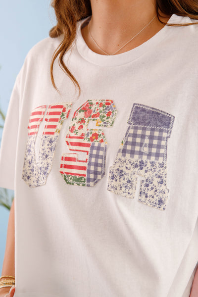 Women's USA Cropped Patch T-Shirt- USA Patchwork Top