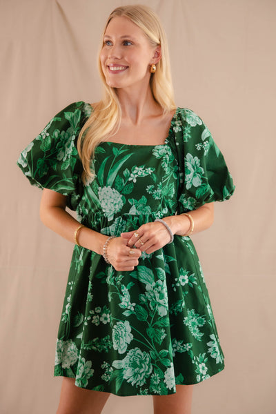 Puff Sleeve Babydoll Mini Dress- Women's Emerald Green Floral Dress- SugarLips Dress