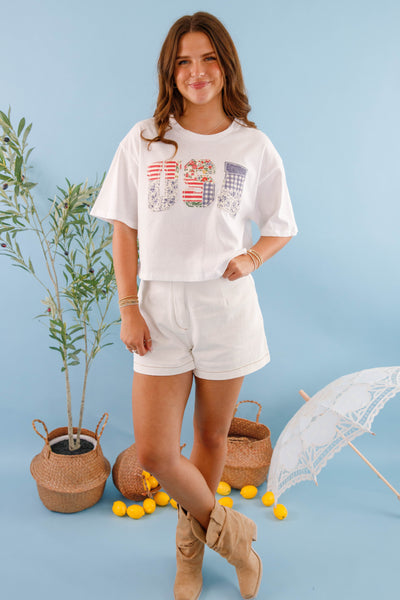 Women's USA Cropped Patch T-Shirt- USA Patchwork Top