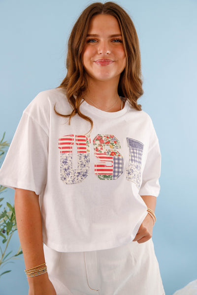 Women's USA Cropped Patch T-Shirt- USA Patchwork Top