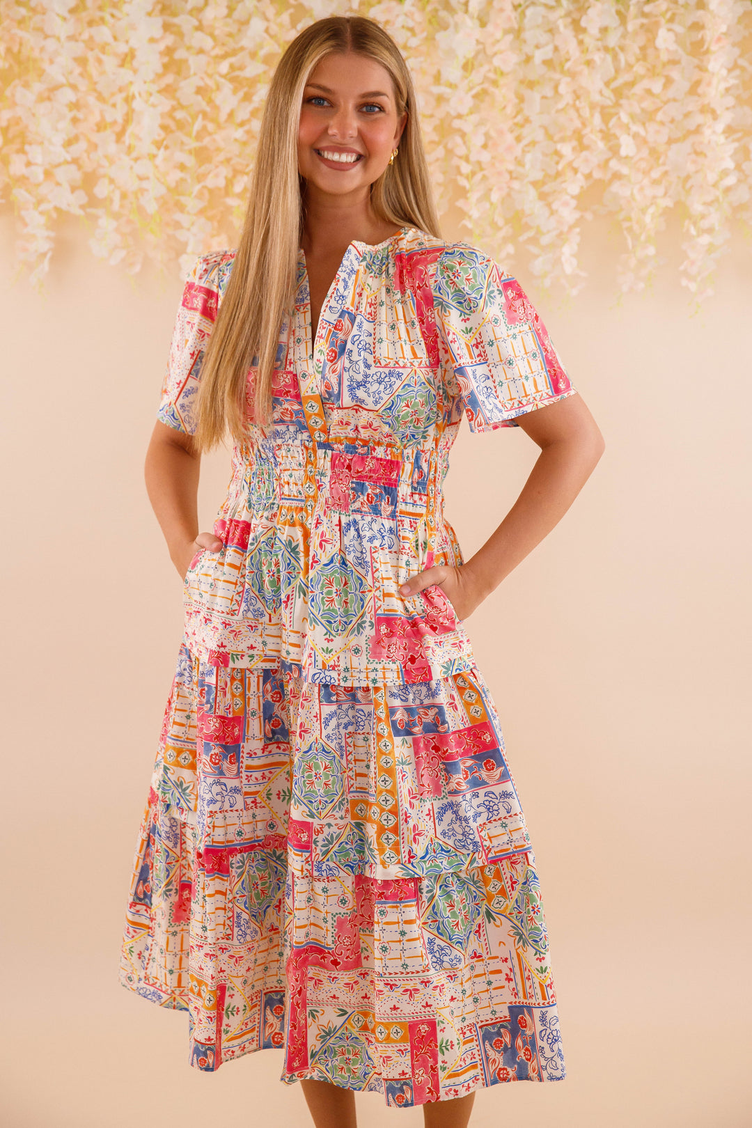 Patchwork Cotton Midi Dress- Women's Colorful Print Dress- Vacation Midi  Dress – Juliana's Boutique