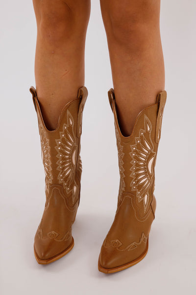 Detailed Western Boots- Blush Pink and Brown Western Boot- Women's Cowboy Boots