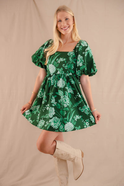 Puff Sleeve Babydoll Mini Dress- Women's Emerald Green Floral Dress- SugarLips Dress