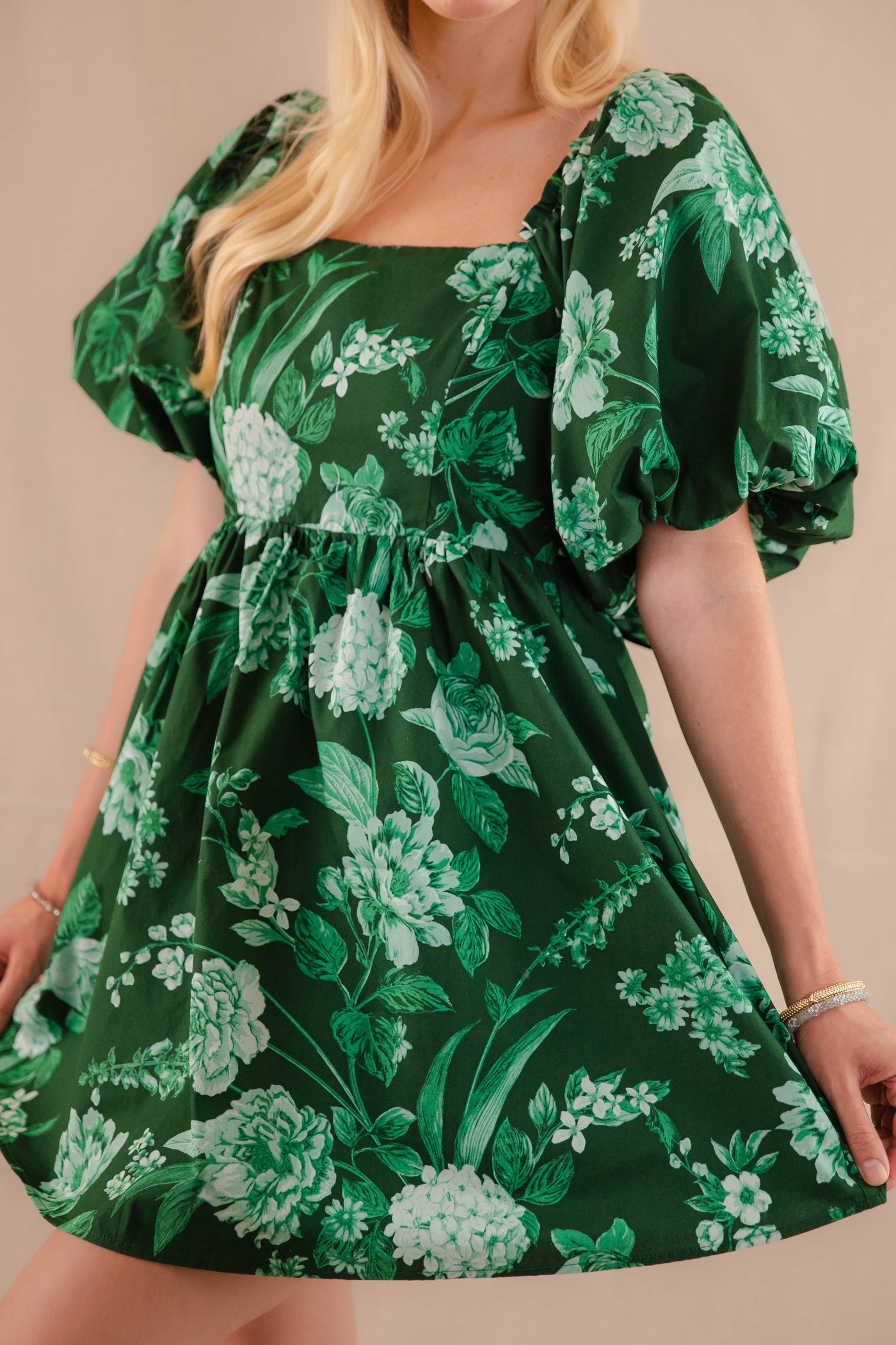 Puff Sleeve Babydoll Mini Dress- Women's Emerald Green Floral Dress- SugarLips Dress