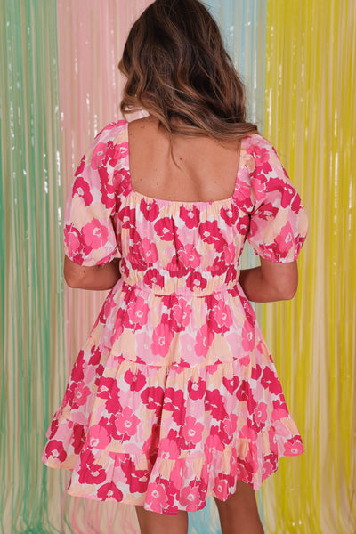 Floral Print Tiered Mini Dress- Women's Pink Floral Dress- &Merci Dresses