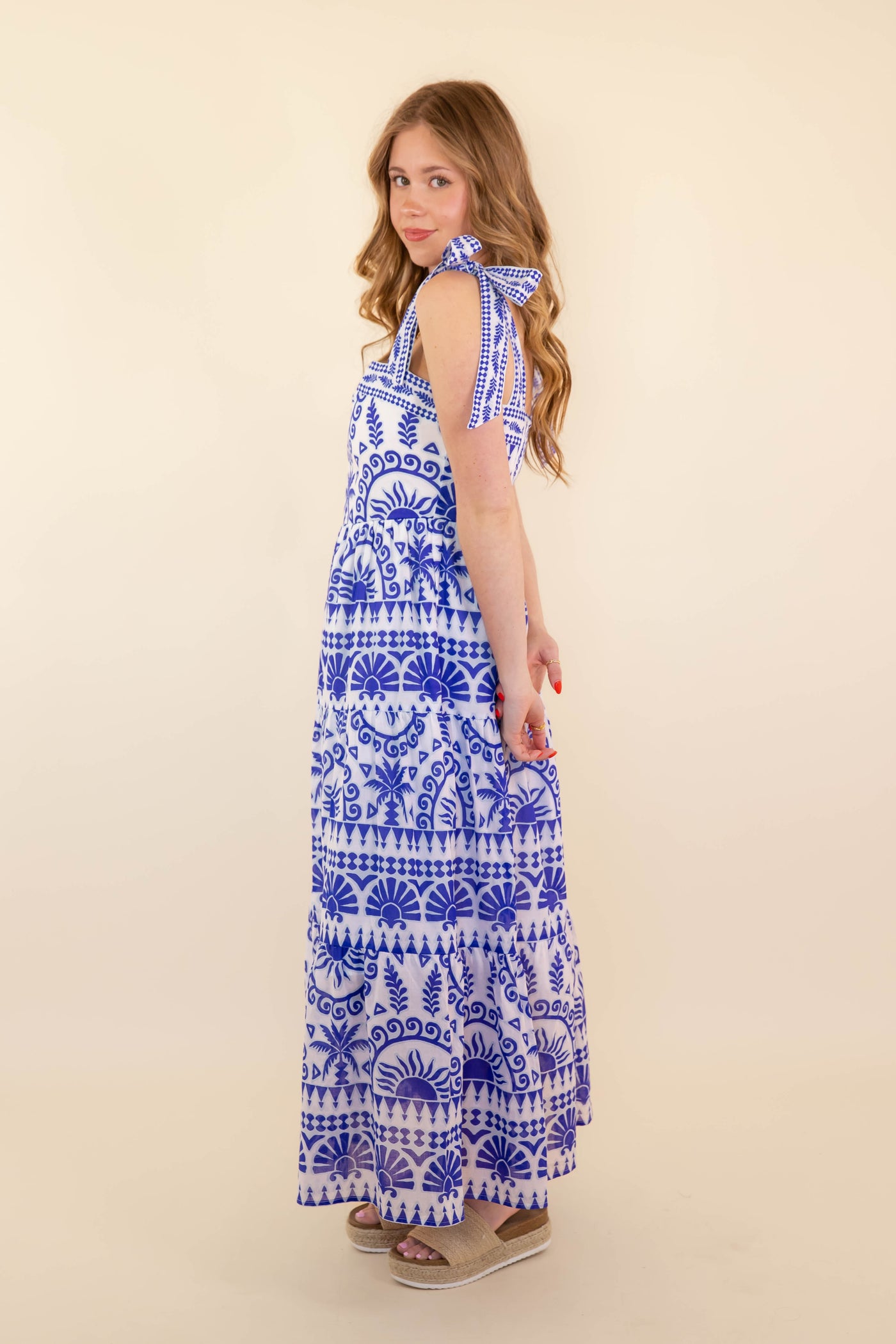 Cotton Blue Tropical Print Maxi Dress- Women's Vacation Dresses- SugarLips Maxi